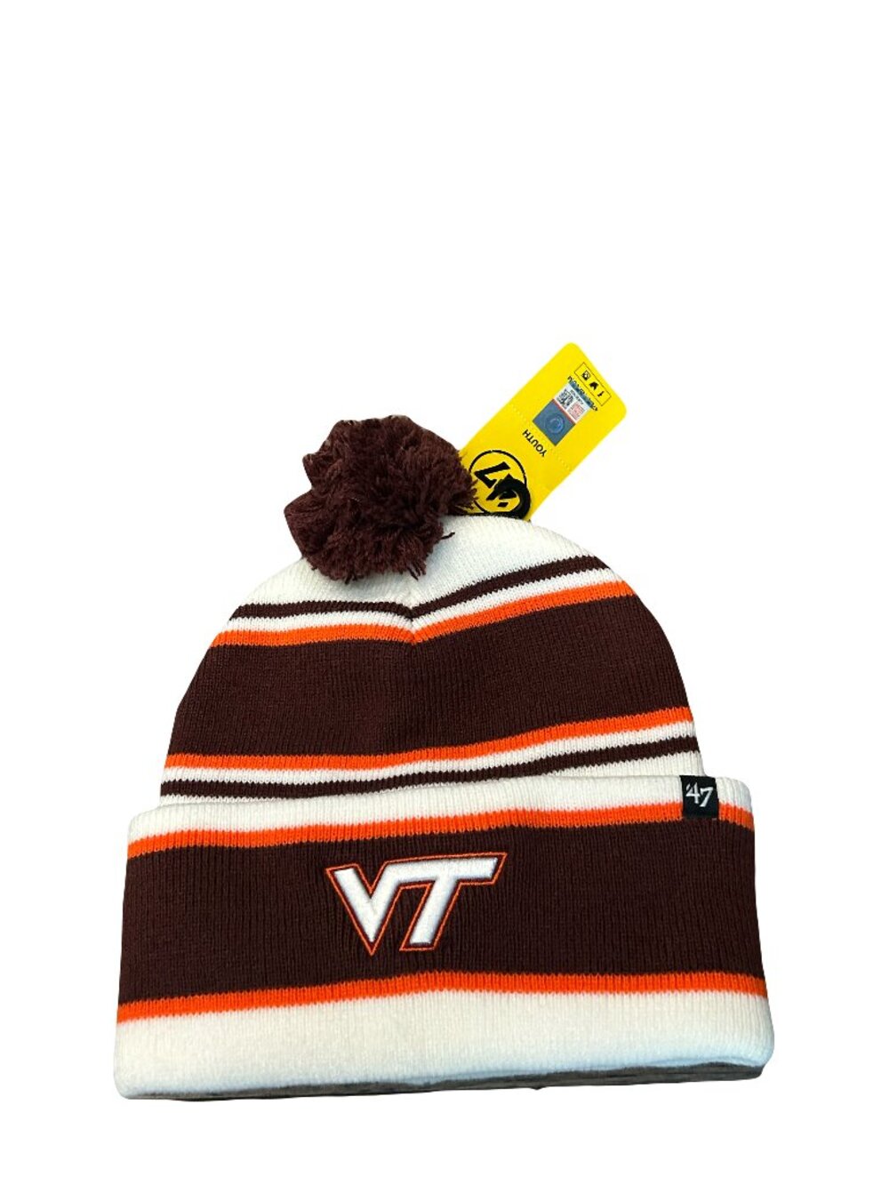 NWT Virginia Tech Hokies '47 Brand Striped Logo Youth Cuffed Pom Knit Beanie Hat